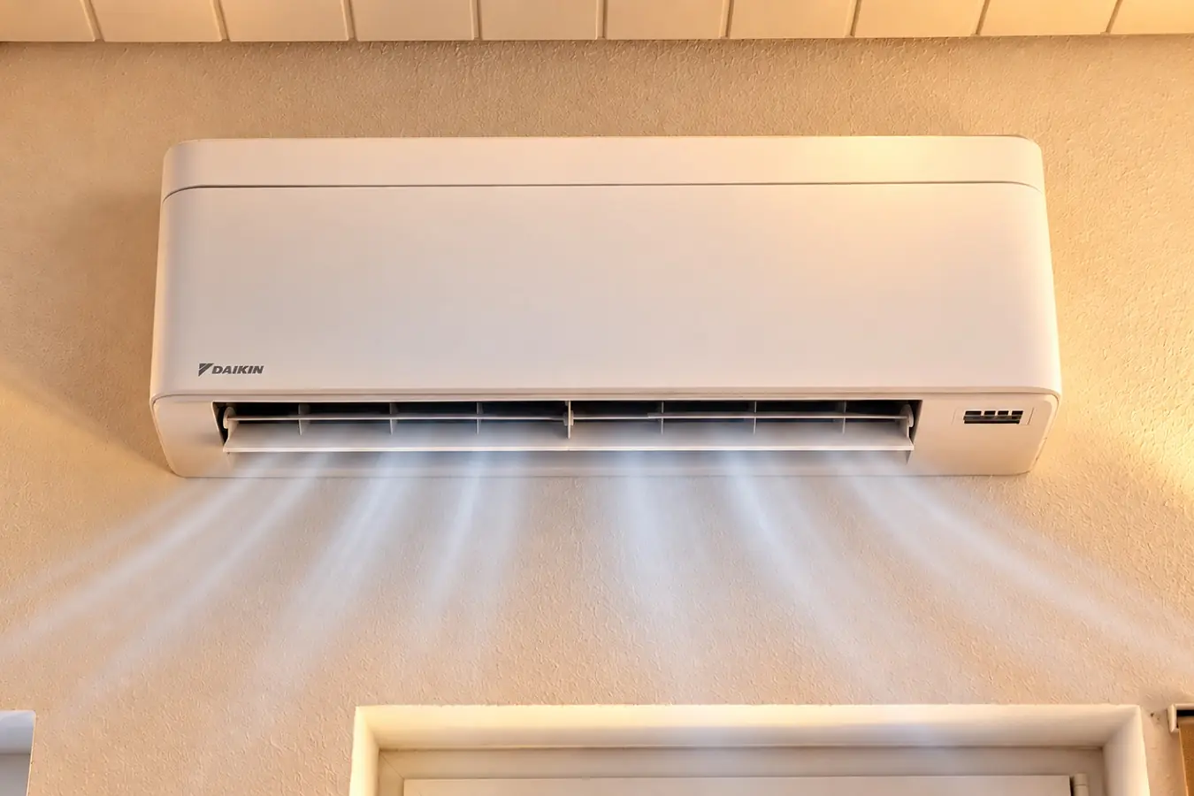 Weiße Split-Klimaanlage an der Wand der Ferienwohnung, darunter der Türrahmen.